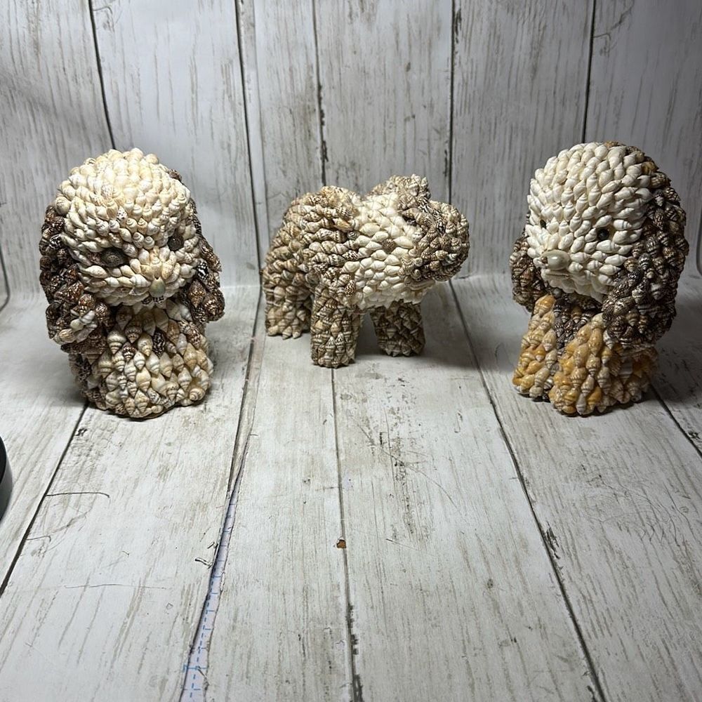 Vintage Nanco Sea Shell Animal Figurines Elephant Dog Folk‎ Art Decor set of 3